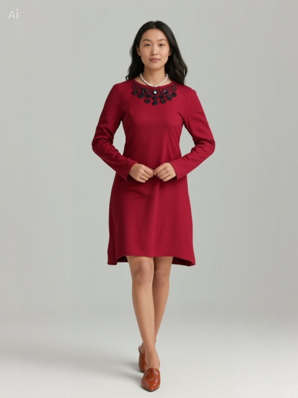Deep red Jones New York Dress — Black Beaded Jeweled Collar — Size 12